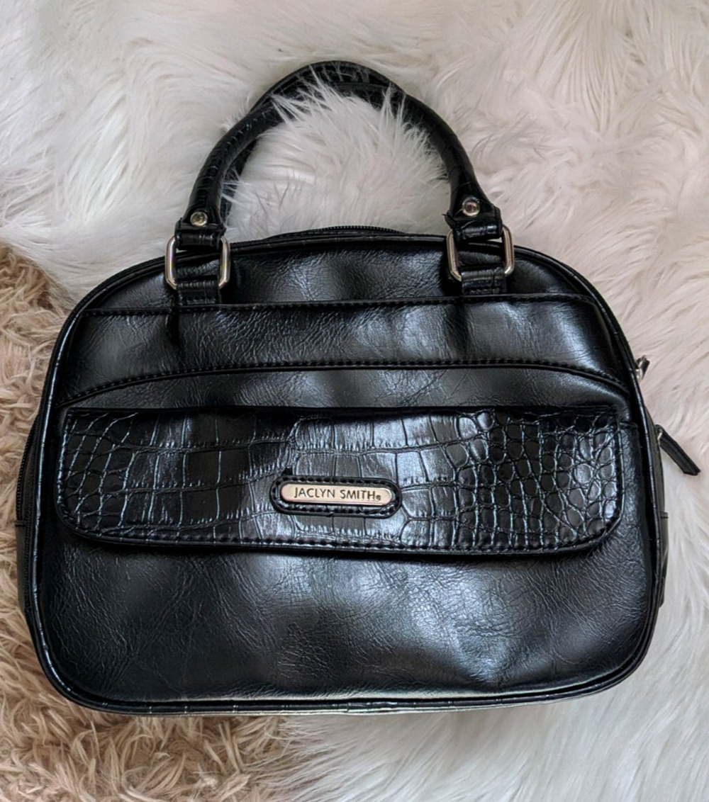 Vintage 90s Jaclyn Smith Black Shoulder Bag Satchel Crocodile Trim Purse Medium